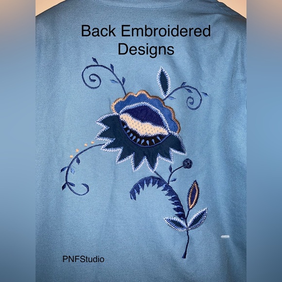 INDIGO MOON DARK SKY BLUE W MULTICOLORED EMBROIDERED FLORALS w CROCHETED ACCENT - Picture 2 of 7